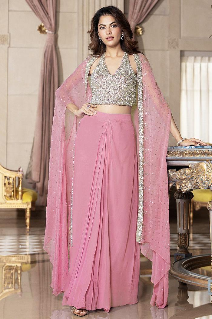 Blush Pink Georgette Embroidered Dhoti Skirt With Top & Shrug