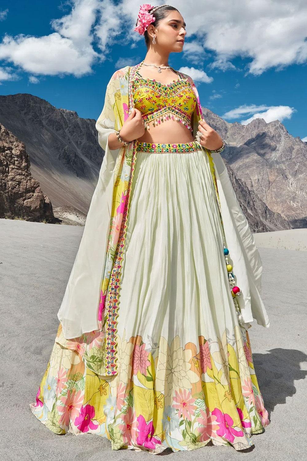 Ivory, Lemon Yellow, & Multicolor Printed & Embroidered Crepe Silk Skirt With Top & Shrug